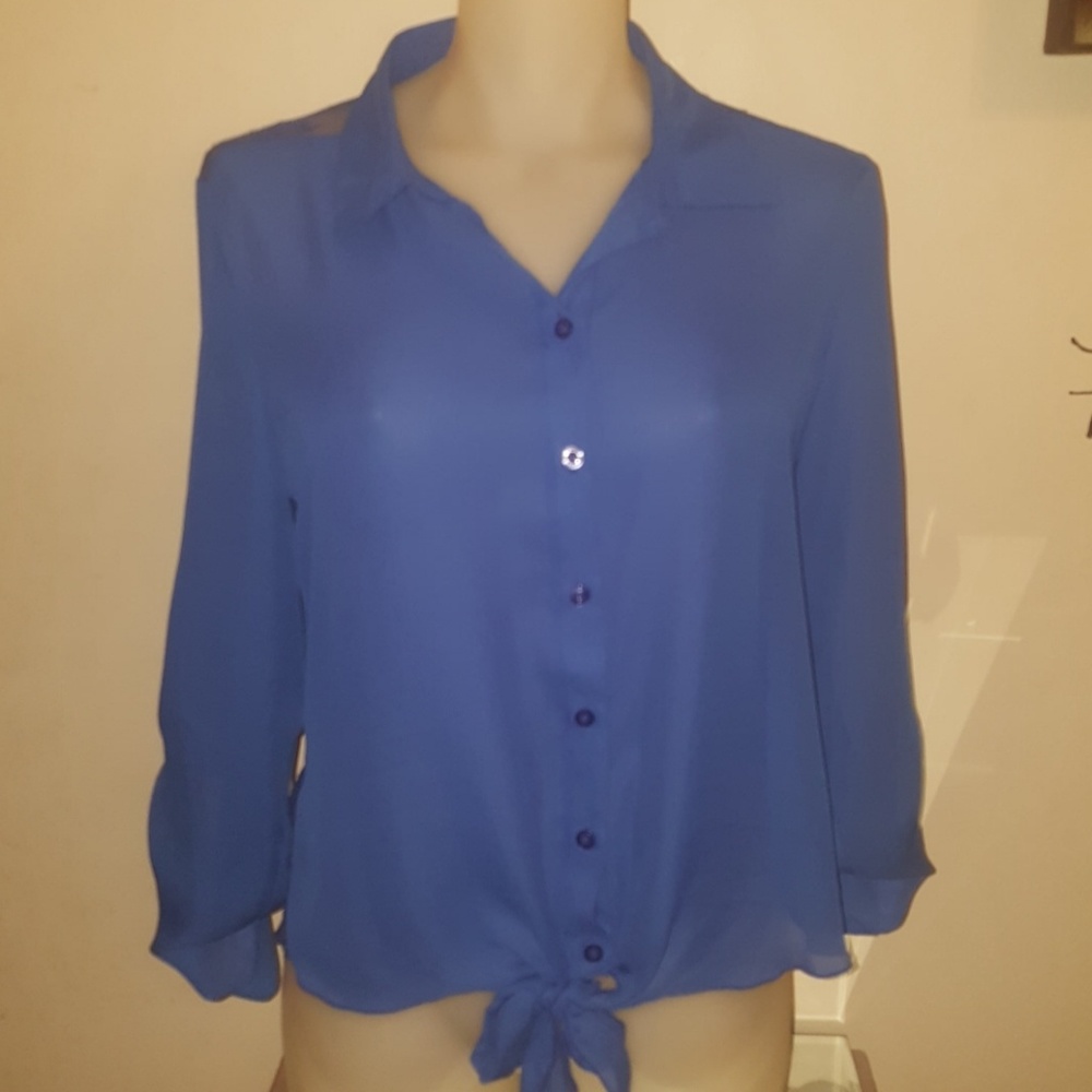 CANDIE'S ROYAL BLUE BUTTON DOWN LACE TOP BLOUSE L